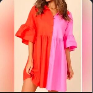 Petal & Pup Didi Babydoll Frill Flowy Pocket Collared Dress Red Pink Button